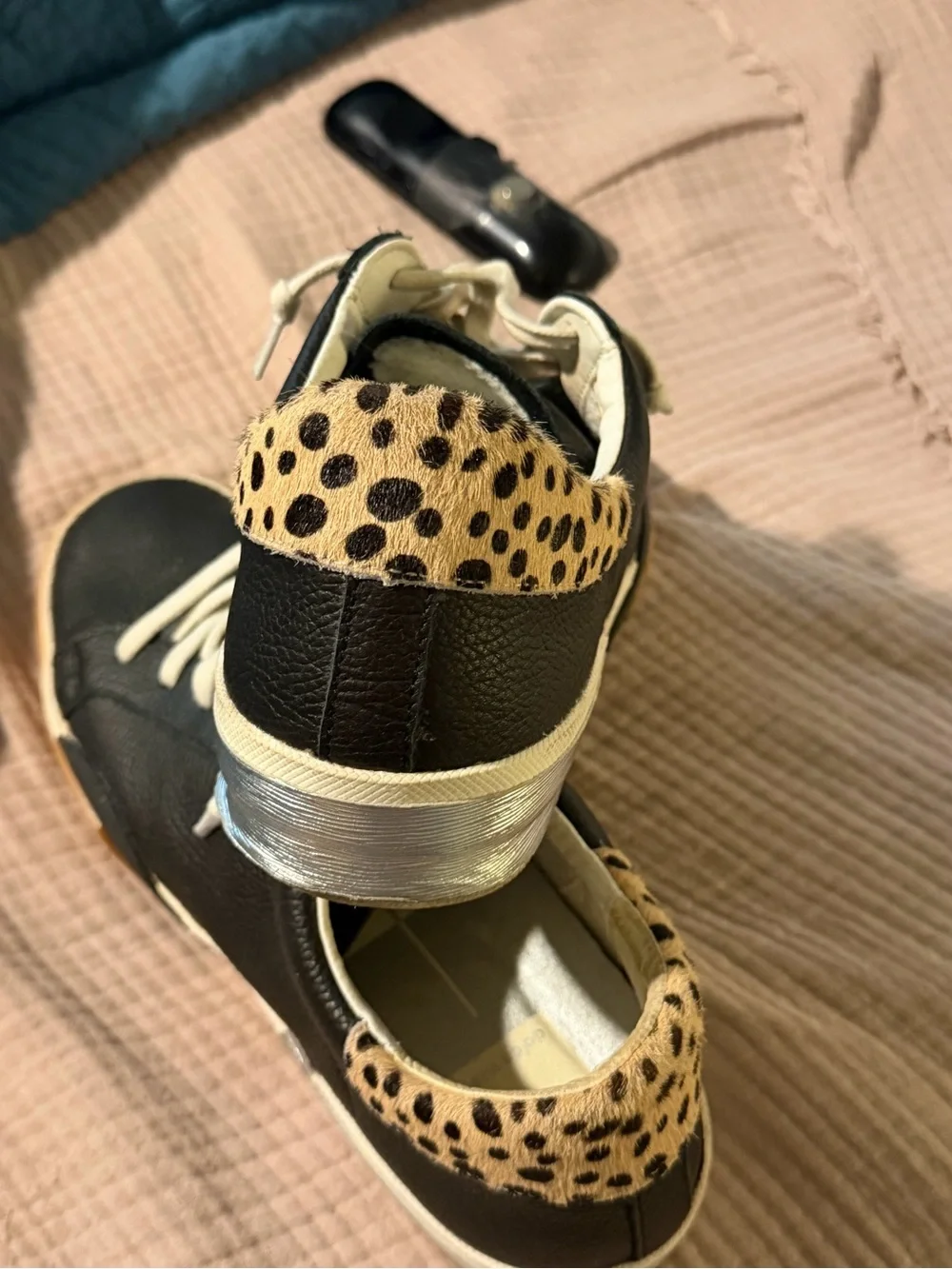 Dolce Vita Black Leather Sneakers with Leopard Trim and Cream Laces